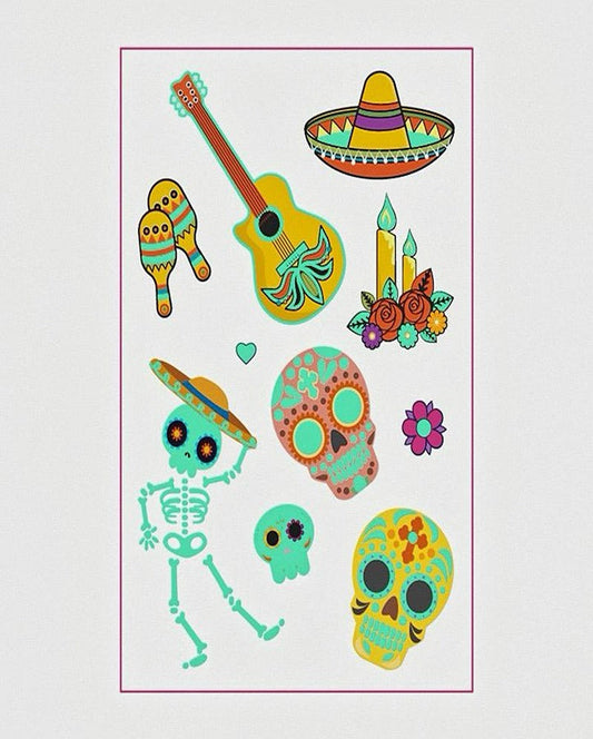 Glow in Dark Mexican Halloween Temporary Tattoo Bundle